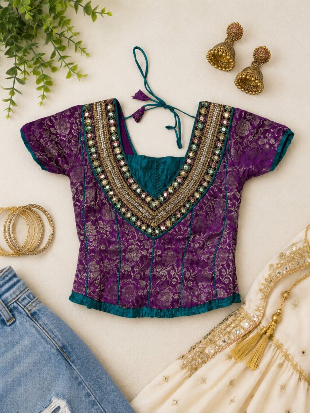 Purple Gold Brocade Indian Choli Blouse Beaded Embellished Tie Back Top